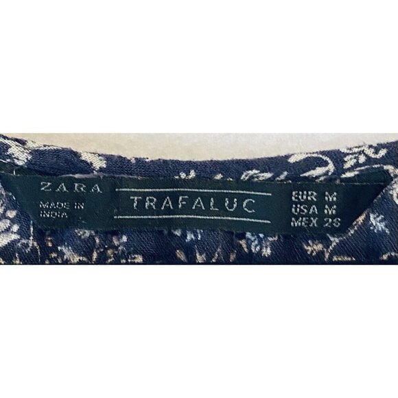 Zara Top Womens Medium Navy Blue Ditsy Floral Peasant Cropped Boho Tie Cuff - Picture 4 of 6